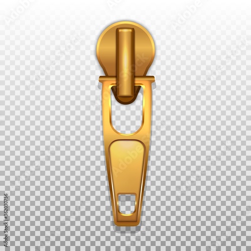 Gold color zip closure. Pendant for opening zippers on clothes. Isolated on a transparent background. 3D realistic vector illustration.