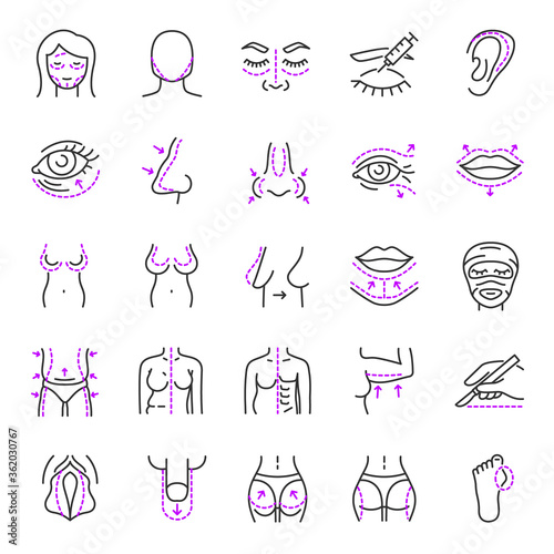 Plastic surgery, icon set. restoration, Reconstruction, or alteration of the human body. elimination of deformations and defects. Reconstructive and cosmetic surgery. Line with editable stroke