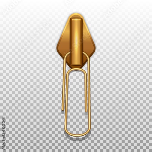 Gold color zip closure paper clip. Pendant for opening zippers on clothes. Isolated on a transparent background. 3D realistic vector illustration.