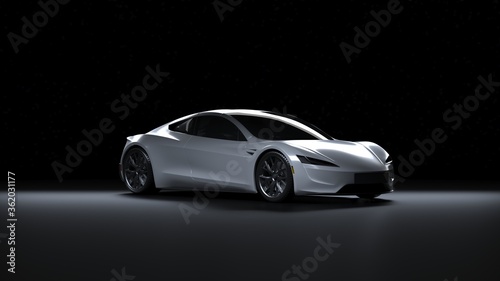 Back Light Electric Sports Car 3d Render in Black Background Tesla Roadster