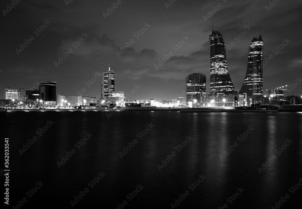 MANAMA , BAHRAIN - OCTOBER 28: Bahrain Financial Harbour during dusk on October 28, 2018. It is one of tallest twin towers in Manama, Bahrain.