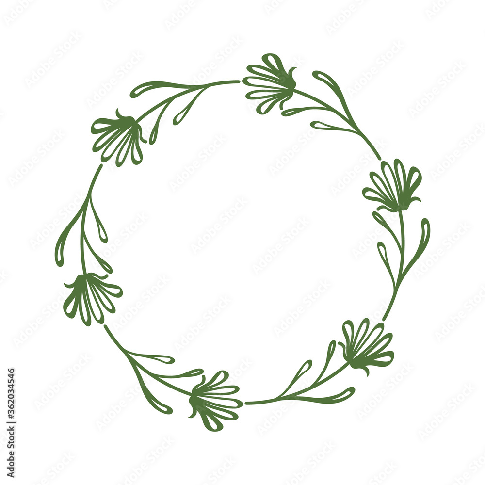 Decorative wreath of linear flowers in a circle. Floral border of twigs, leaves, abstract flowers. Elegant frame in a simple, minimalist style. 
Vector illustration, contour drawing, green color