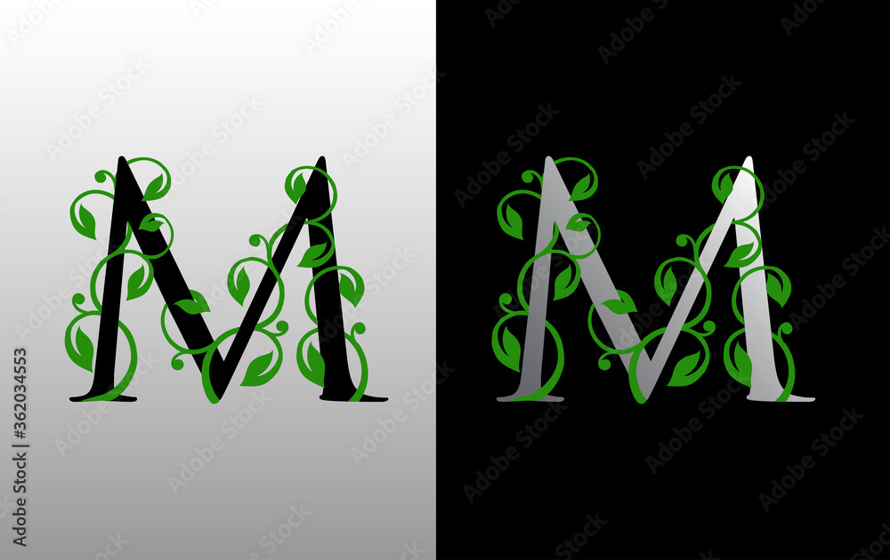 Elegant M Letter Icon with luxury green leaf logo design. Nature M Icon