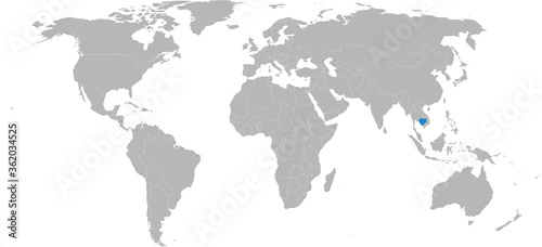 Cambodia country isolated on world map. Light gray background. Business concepts and backgrounds.