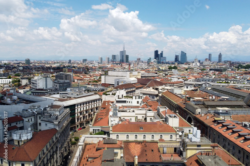 Italy , Lombardy, Milan July 2020 - Drone aerial view of downtown of the city with new skyline and skyscrapers after finish of lockdown due COVID19 Coronavirus outbreak 