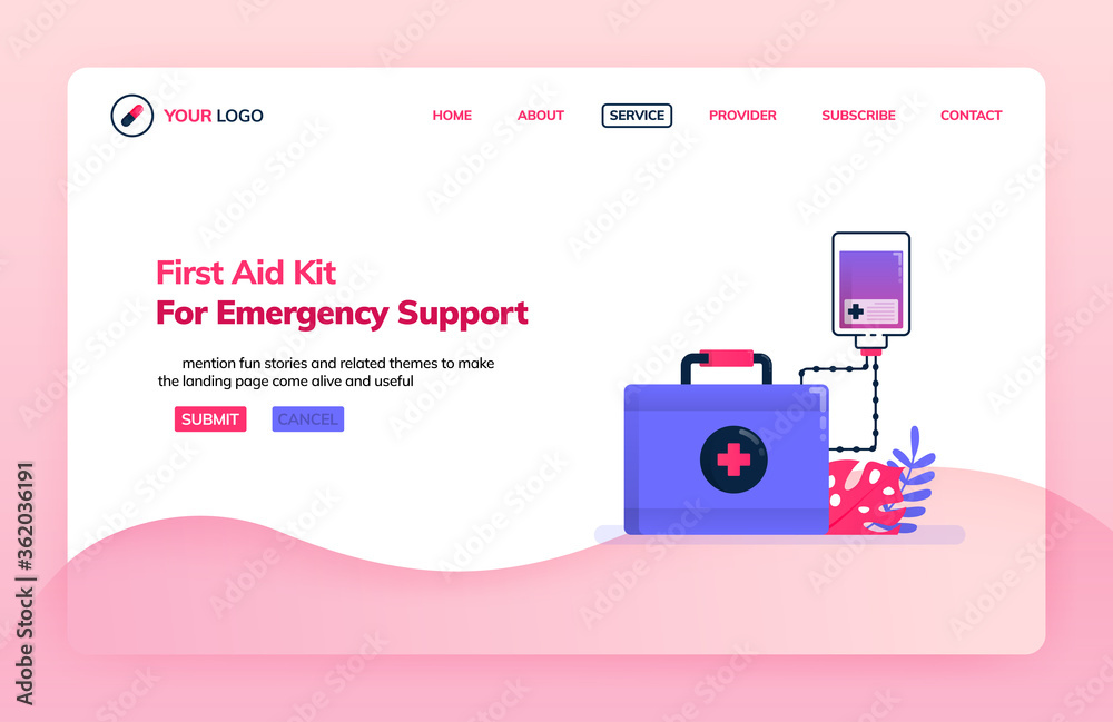 Landing page illustration template of first aid kit for emergency support. Infusion for emergency departments. Health themes. Can be used for landing page, website, web, mobile apps, poster, flyer