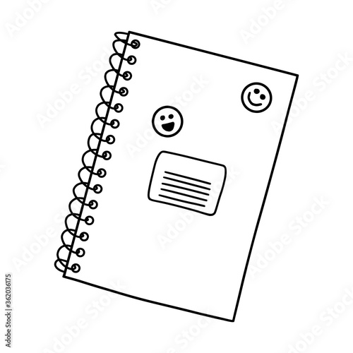 Closed school notebook on a spiral with space for text. Doodle.Stationery for pupils and students. Design element for school, study, and Hobbies . Black-white vector. Hand drawn, isolated on white.