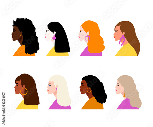 Collection of profile portraits, heads of female characters. A set of avatars. Of different nationalities. Vector stock illustration, flat design.