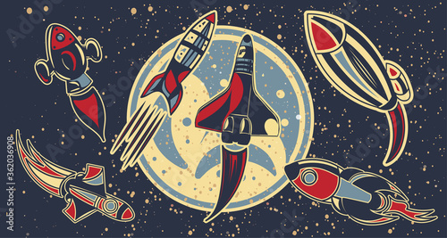 Space exploration concept with rockets zooming around a plant or the moon in a starry sky, colored vector illustration