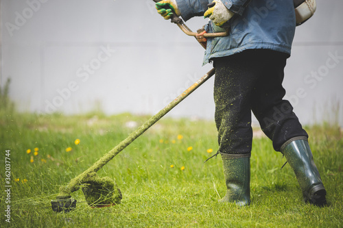 A close-up of a worker in protective clothing, gloves, rubber boots with a gas mower on the front lawn. A man mows grass with dandelions on a warm sunny spring day.