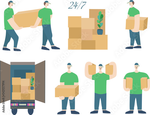 Loaders with cardboard boxes. Delivery team. The theme of movement, transportation and delivery of goods and cargo. Help in moving the house.  Vector