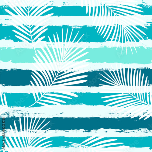 Tropical pattern, summer palm leaves seamless vector floral background. Exotic plant on stripes. spring nature jungle print. Leaves of palm tree on paint lines.