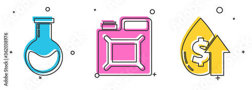 Set Test tube and flask, Canister for gasoline and Oil price increase icon. Vector