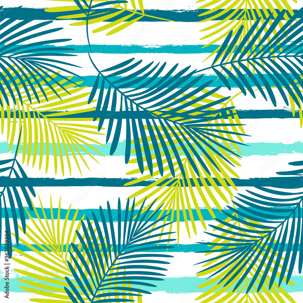 Tropical pattern, summer palm leaves seamless vector floral background. Exotic plant on stripes. spring nature jungle print. Leaves of palm tree on paint lines.