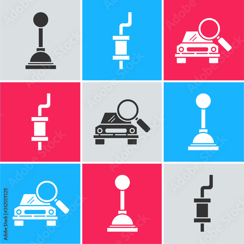 Set Gear shifter, Car muffler and Car search icon. Vector