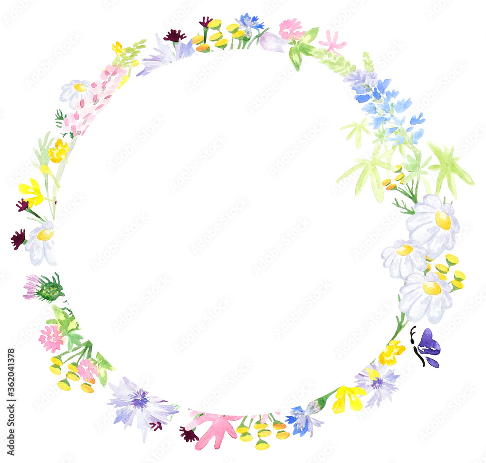 Watercolor round frame of wildflowers. Flower wreath. Perfect in print design, souvenir products, web design, photo albums and other creative ideas.