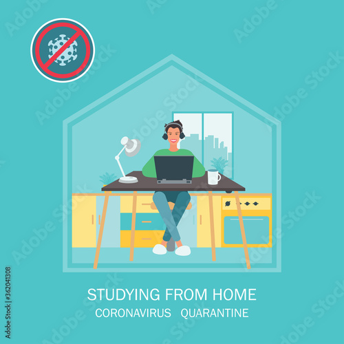 Self isolation concept. Young man studying from home during Covid-19. All stay at home. Self-isolate from a pandemic. Remote studying from home during Quarantine. Vector flat illustration