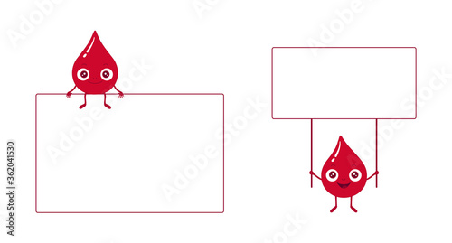 Vector illustration of red blood drop character holding up a blank sign board and sitting on a board. Copy space for your text or slogan.