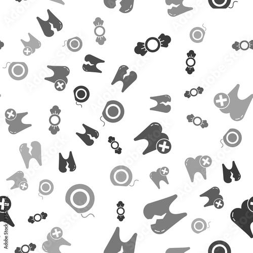 Set Candy, Broken tooth, Tooth with caries and Dental floss on seamless pattern. Vector