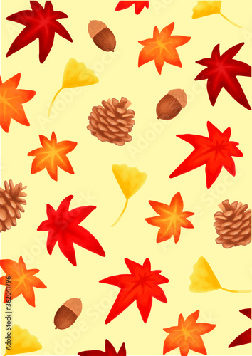 秋　紅葉　イチョウ　フレーム　背景　イラストセット