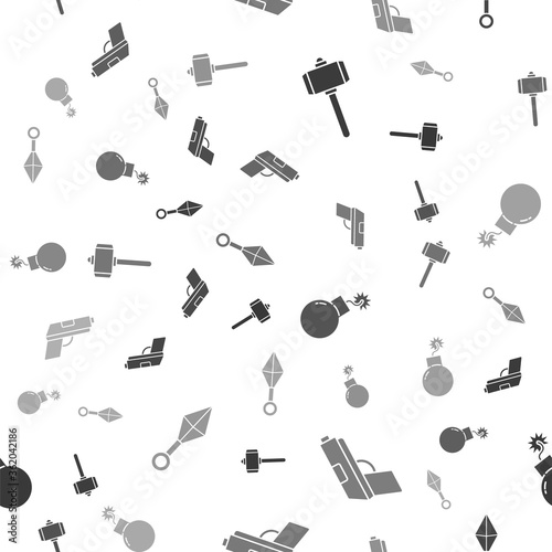 Set Battle hammer, Pistol or gun, Bomb ready to explode and Japanese ninja shuriken on seamless pattern. Vector