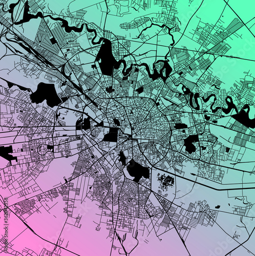 Bucharest, Romania — urban vector city map of capital city with parks, roads and railways, minimalist town plan design poster, city center, downtown, transportation network, blueprint