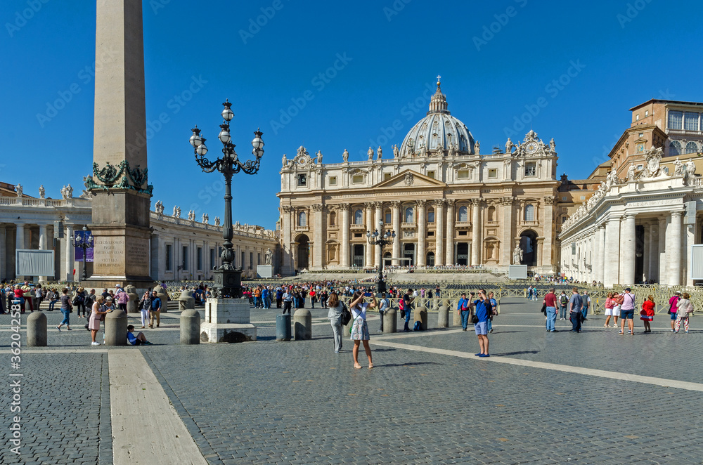 VATICAN CITY, ROME, ITALY - SEPTEMBER 22, 2017. A view of St. Peter's Basilica and Egyptian obelisk in St.Peter's Square (Piazza San Pietro) in Vatican City