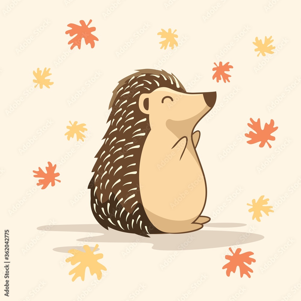 Cute Hedgehog Cartoon Playing Maple Leaf Porcupine