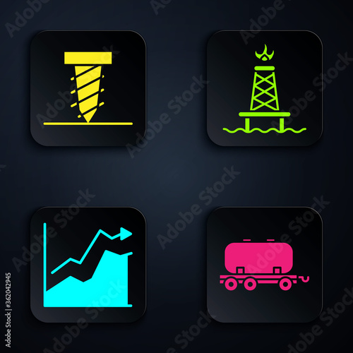Set Oil railway cistern, Rotating drill digging a hole, Oil price increase and Oil rig with fire. Black square button. Vector
