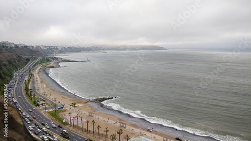Lima, Peru. Aerial view of Miraflores, cliff, the high way and the Pacific ocean