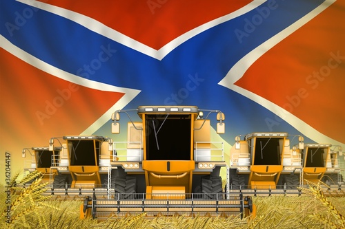 many yellow farming combine harvesters on grain field with Novorossia flag background - front view, stop starving concept - industrial 3D illustration photo