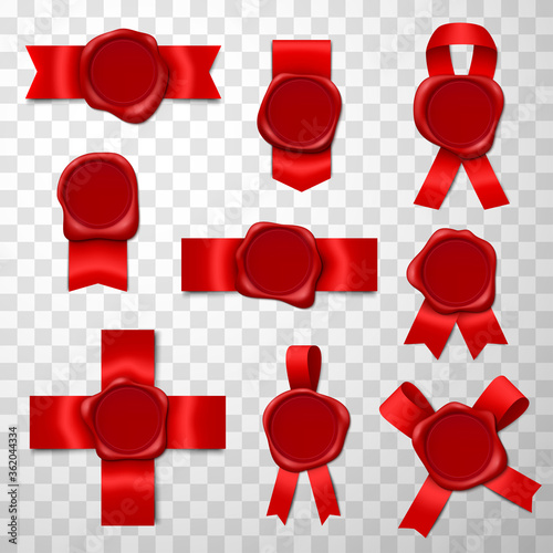 Wax seals with red ribbons in different shapes, styles realistic set. Envelope design.