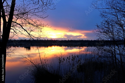 Sunset over a pond in a warm, spring evening. Unique image of the environment.