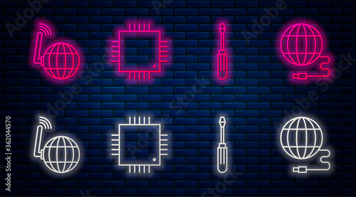 Set line Processor with microcircuits CPU, Screwdriver, Social network and Social network. Glowing neon icon on brick wall. Vector