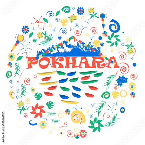 Vector banner with Pokhara  Phewa Lake.  Annapurna in Himalayas, Nepal outdoor adventure illustration. Can be used as template for web banner.