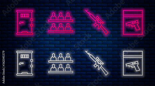 Set line Jurors, Sniper rifle with scope, Prison cell door and Evidence bag and pistol or gun. Glowing neon icon on brick wall. Vector.