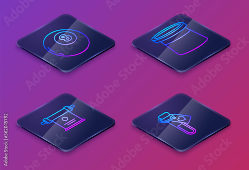 Set Isometric line Magic ball of predictions, Magic scroll, Magician hat and Bottle with love potion. Blue square button. Vector.