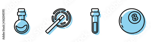 Set line Bottle with love potion, Bottle with love potion, Magic wand and Magic ball of predictions icon. Vector.