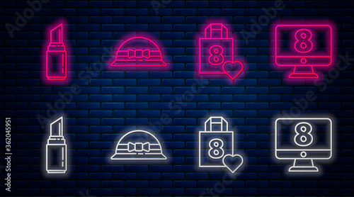 Set line Elegant women hat, Shopping bag with heart, Lipstick and 8 March on monitore. Glowing neon icon on brick wall. Vector.