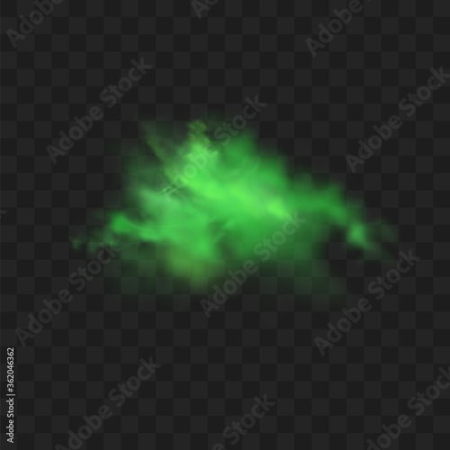 Green smoke isolated on transparent background. Realistic green bad smell, magic mist cloud, chemical toxic gas, steam waves. Realistic vector illustration