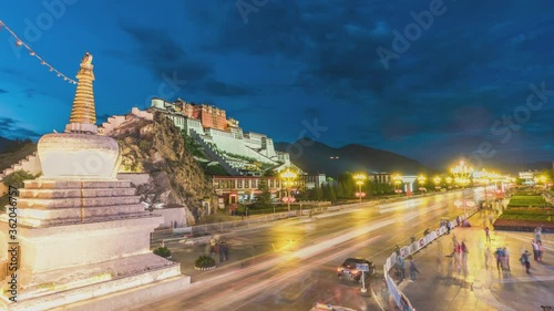 4K, 10BIT, YUV422 day to night timelapse of night scene of the Potala Palace and the traffic, Lhasa, Tibet, China