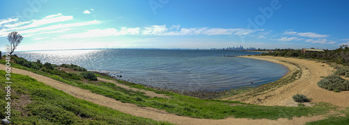 Panorama view of brighton beach in Melbourne Australia in the morning in the summer in March 2020.