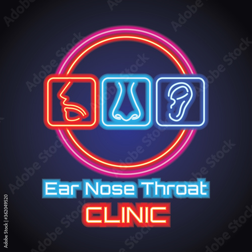 ear nose throat (ENT) neon sign plank for Otolaryngologists  clinic concept. vector illustration