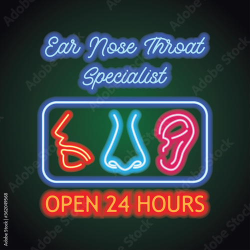 ear nose throat (ENT) neon sign plank for Otolaryngologists  clinic concept. vector illustration