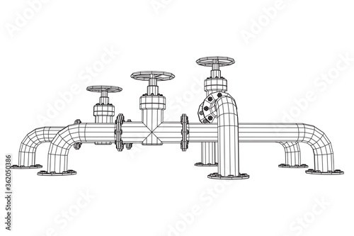 Oil pipeline with valve business concept. Finance economy polygonal petrol production. Petroleum fuel industry transportation line. Wireframe low poly mesh vector illustration.