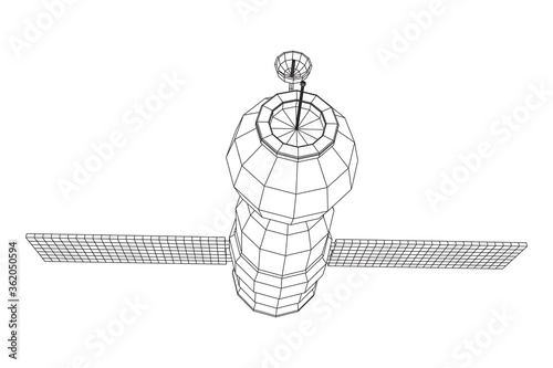 Space station communications satellite. Wireframe low poly mesh vector illustration.