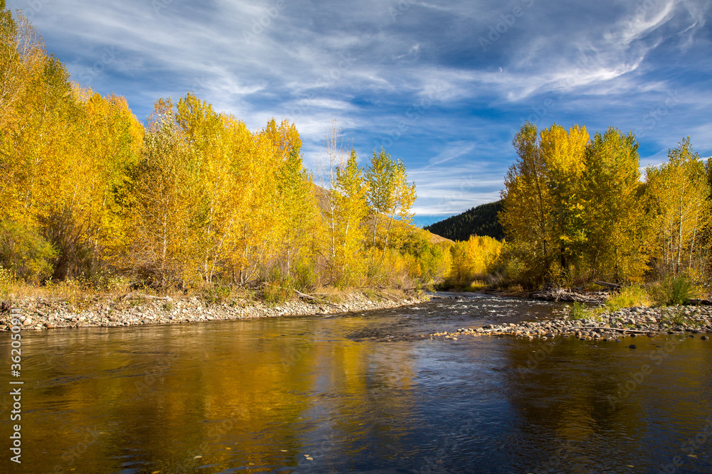 The Big Wood River near Ketchum, Idaho.  It is a 137miles long and is a tributary of the Malad River, which in turn is tributary to the Snake River and Columbia River.