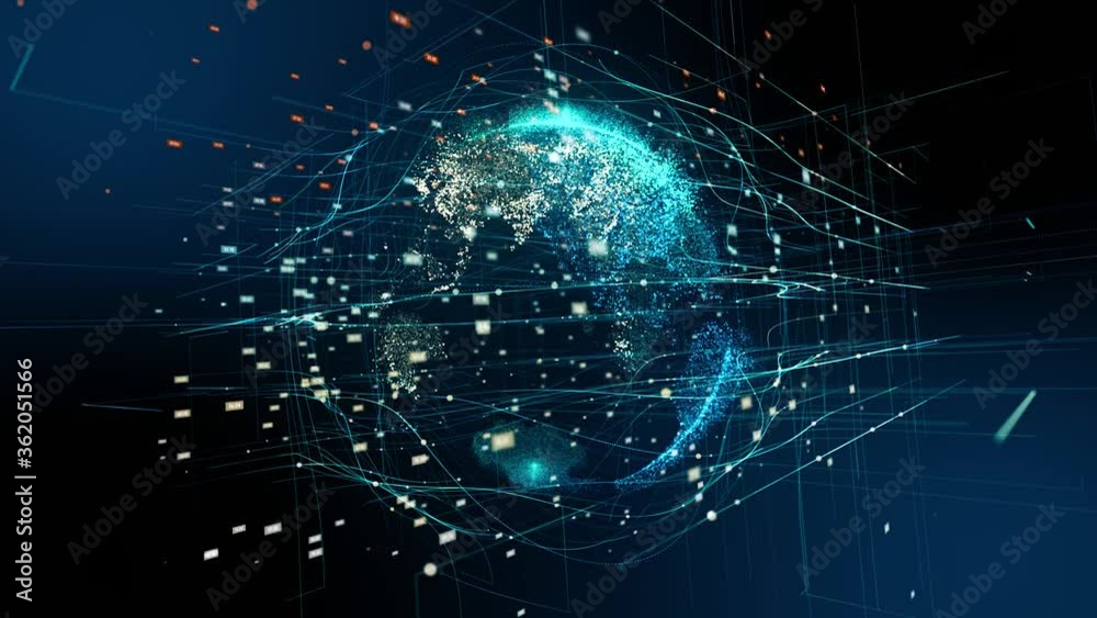 Rotation of planet Earth shining with particles. The concept of a global communication network. Particle Earth HUD