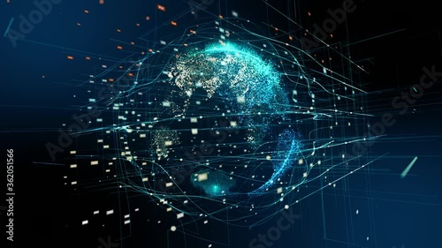 Rotation of planet Earth shining with particles. The concept of a global communication network. Particle Earth HUD