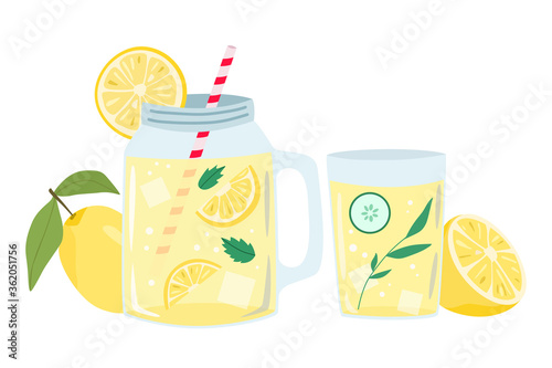 Fresh homemade lemonade in mason jar and glass. Lemonade with lemons, mint and cucumber. Summer beverage. Flat vector illustration isolated on white background